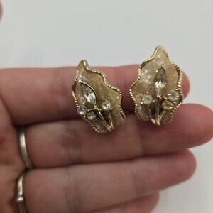 Vintage Coro Cream Sugared Leaf Clear Rhinestones Clip Earrings